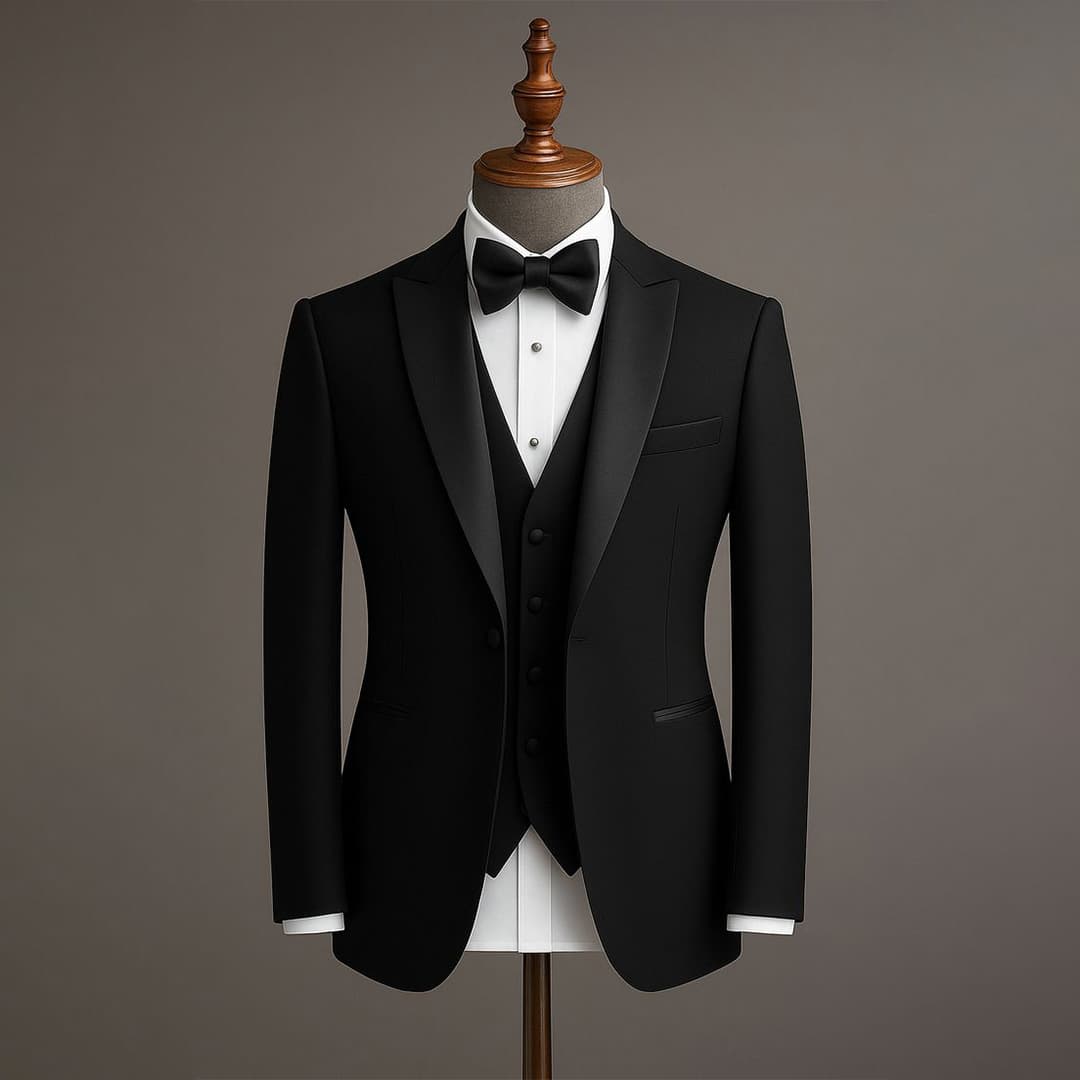 A close-up image showing a perfectly tailored cuff of a custom tuxedo jacket, highlighting premium fabric and craftsmanship detail.