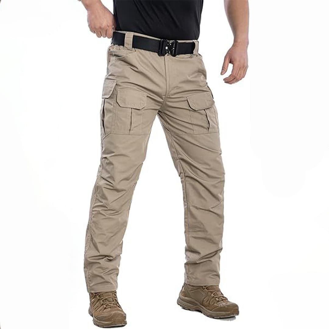 Close-up of tactical cargo pants with multiple customizable pockets designed for easy access to gear.